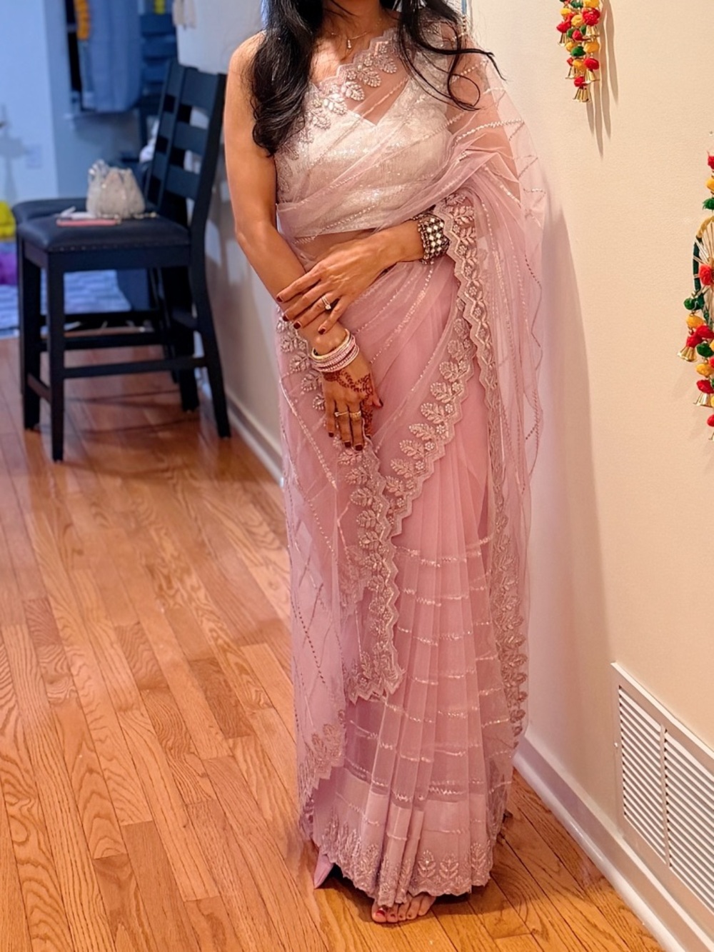 Beautiful lavender net saree with silver work